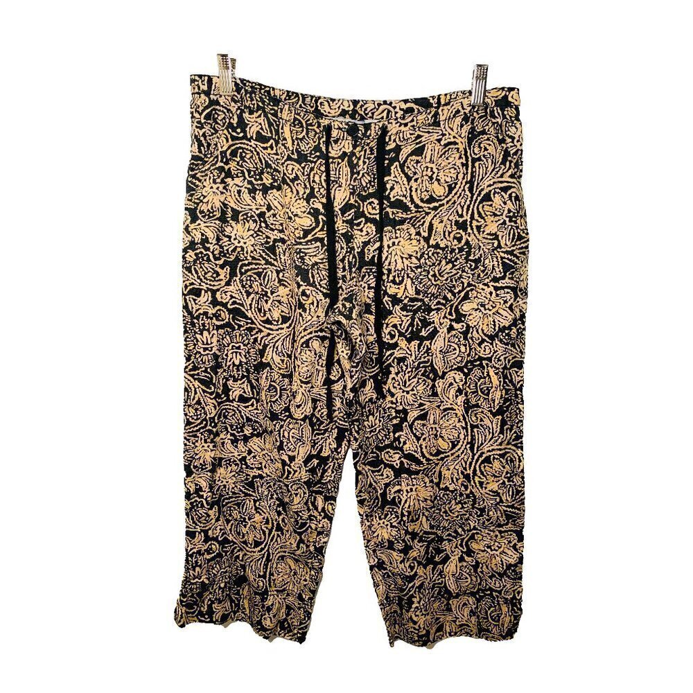 CAbi Black Tan Drawstring Waist Cropped Pants M